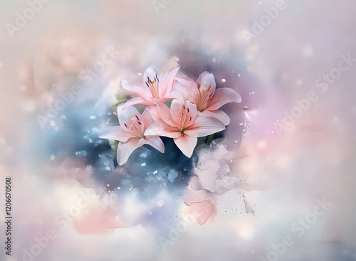 Soft, pastel pink lilies blossom against a dreamy, blurred background of swirling blues and whites.  Sparkling lights add to the ethereal atmosphere.