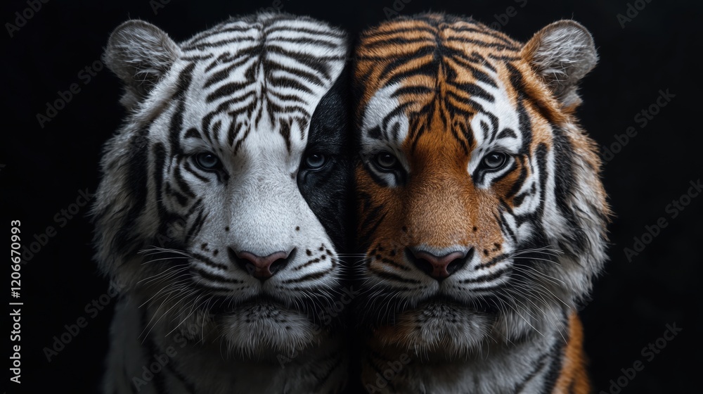 Fototapeta premium Dual-colored tiger faces symmetrical black and orange