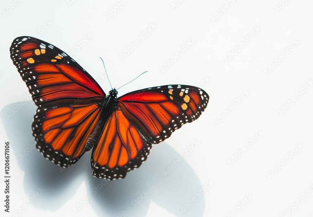 Obraz premium Monarch butterfly flying, isolated on a white background in high-quality photograph.