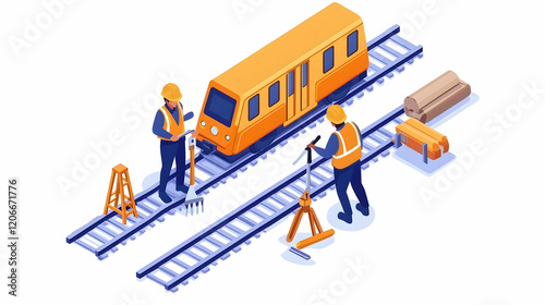 Train track maintenance workers inspecting railway lines near a train.  Background shows construction materials. Ideal for transportation, infrastructure, or industry websites photo