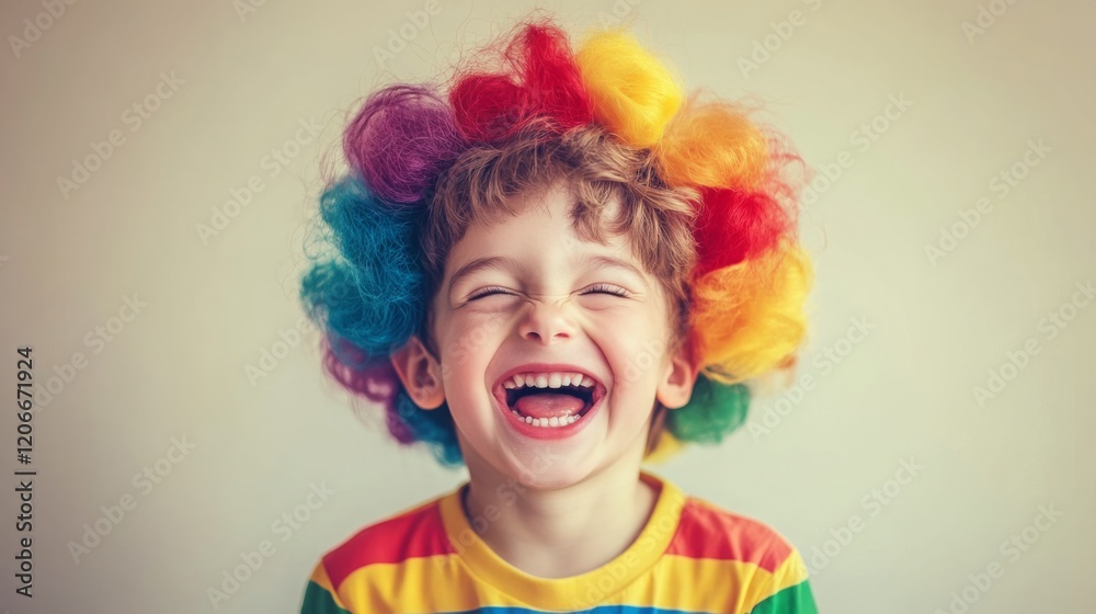 Fototapeta premium A young boy with a colorful wig laughs heartily, showcasing a vibrant display of playful joy and innocence
