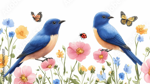 Two bluebirds perched on wildflowers, butterflies and ladybug nearby, springtime garden scene, ideal for greeting cards or home decor photo