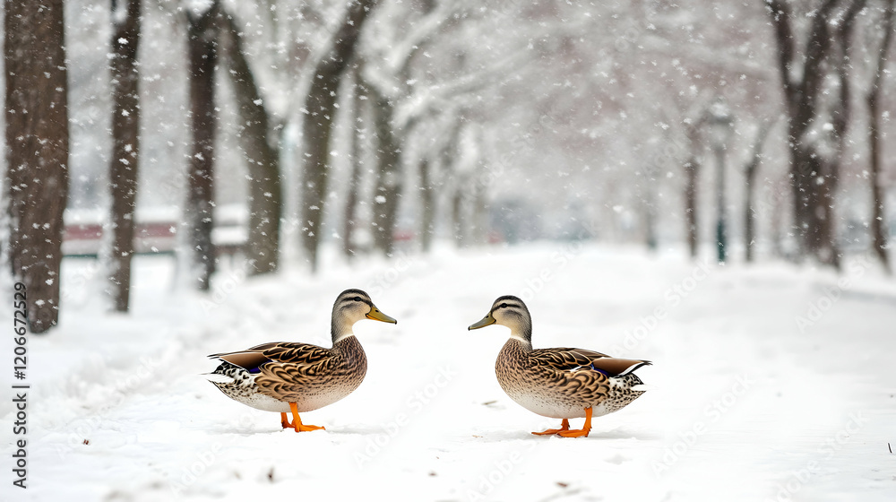 Two ducks facing each other on snowy park path, snowfall background; winter wildlife scene Two ducks facing each other on snowy park path, snowfall background; winter wildlife scene