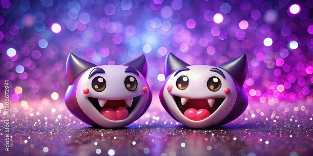 Cute vampire fangs sparkle against a dreamy purple bokeh, a digital fantasy painting. Cute vampire fangs sparkle against a dreamy purple bokeh, a digital fantasy painting.