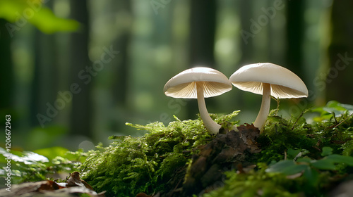 Two mushrooms growing on moss in a sunlit forest; ideal for nature, ecology, or fantasy themes photo