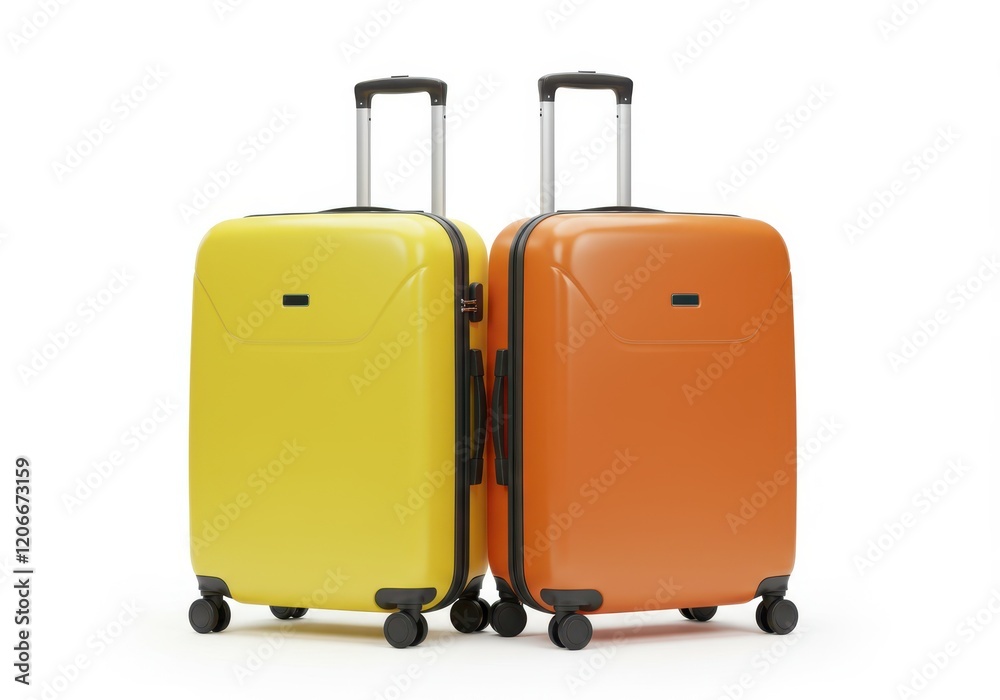 A pair of vibrant hard-shell suitcases, one yellow and one orange, with extended handles and wheels isolated on white background A pair of vibrant hard-shell suitcases, one yellow and one orange, with extended handles and wheels isolated on white background
