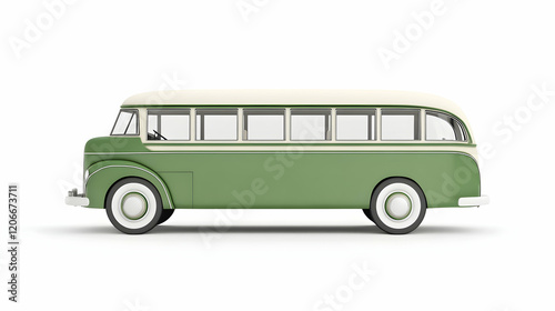 Vintage green bus side profile, isolated on white background, for travel or transport websites