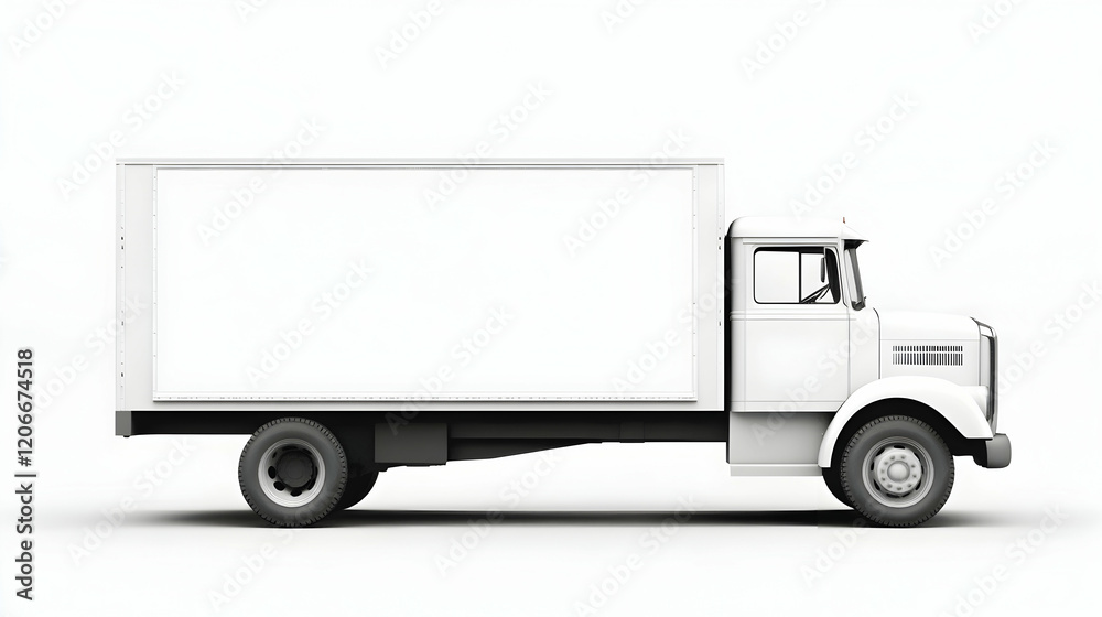 White delivery truck, side view, blank advertisement space, isolated on white background, for logistics or transportation designs White delivery truck, side view, blank advertisement space, isolated on white background, for logistics or transportation designs