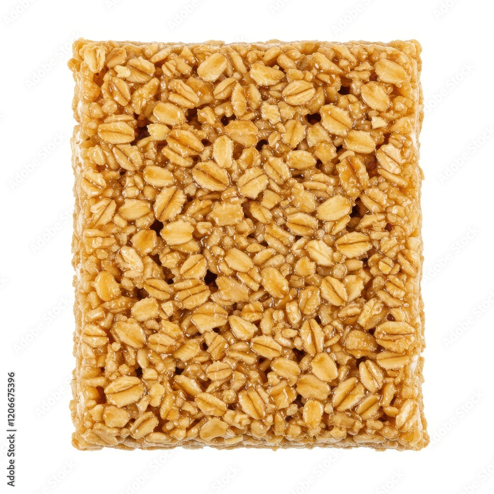 A rectangular granola bar with golden oats pressed together into a crunchy texture isolated on white background A rectangular granola bar with golden oats pressed together into a crunchy texture isolated on white background