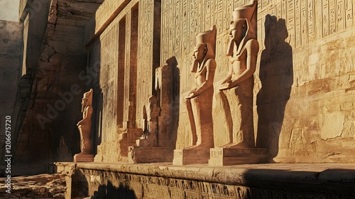 Ancient Egyptian Temple Statues and Hieroglyphs