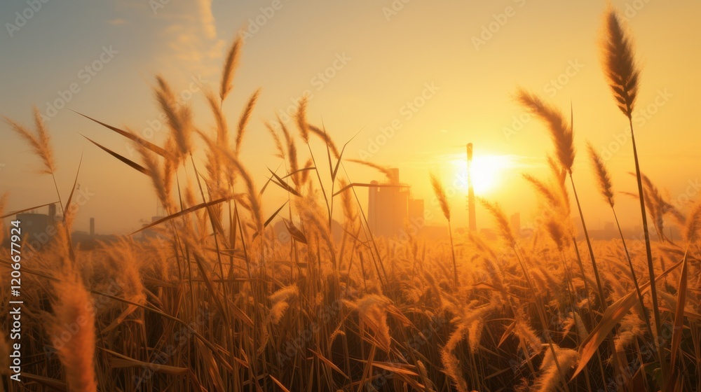 An artistic depiction of a golden wheat field at sunrise, the vibrant stalks glowing with life, while the background reveals a hazy industrial landscape An artistic depiction of a golden wheat field at sunrise, the vibrant stalks glowing with life, while the background reveals a hazy industrial landscape