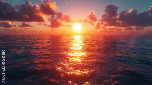 A radiant sun rising from the horizon over a boundless ocean, its golden rays spreading across the water,