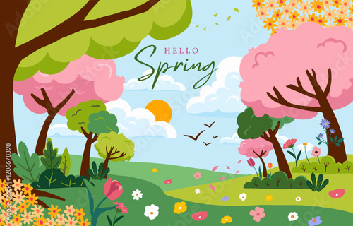 Spring landscape background with mountain and tree  for horizontal design