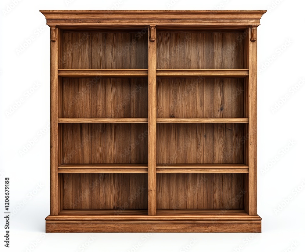 Empty wooden bookcase with six shelves and classic design. Empty wooden bookcase with six shelves and classic design.