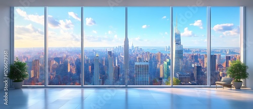 Panoramic city view from modern room.