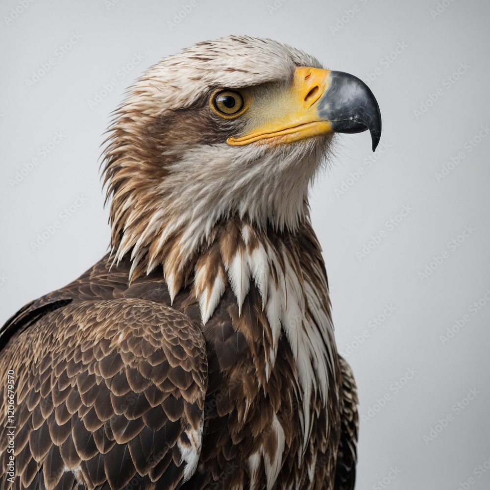 Obraz premium An eagle perched with its head tilted inquisitively, detailed feathers and a white background.