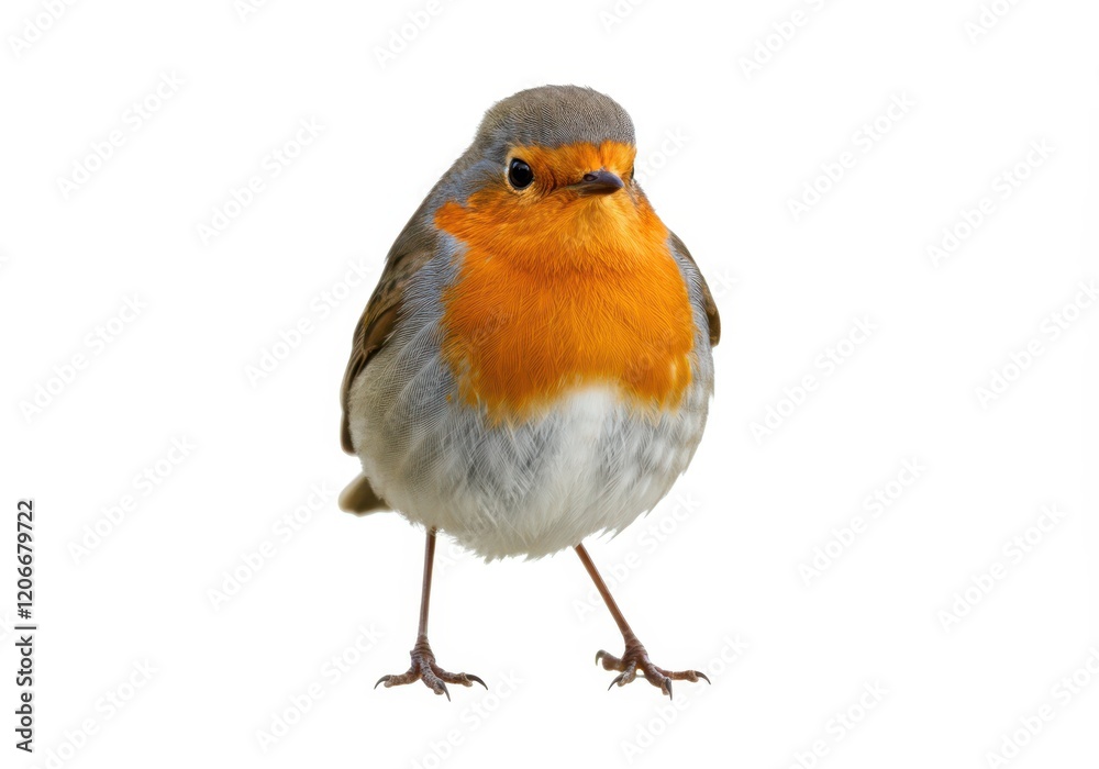 Fototapeta premium A European robin bird with a bright orange chest, soft gray feathers, and tiny perched feet isolated on white background