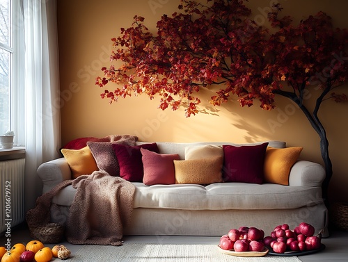 Autumn living room decor, fall tree, cozy couch photo