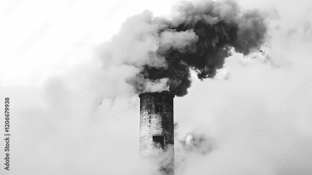 Industrial Chimney Emitting Dark Smoke Surrounded by Thick White Clouds in a Black and White Atmospheric Landscape with Environmental Concerns Industrial Chimney Emitting Dark Smoke Surrounded by Thick White Clouds in a Black and White Atmospheric Landscape with Environmental Concerns