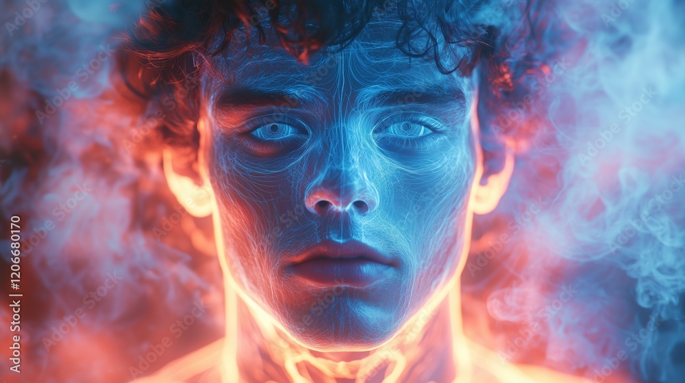 Neon blue face with circuit-like glow surrounded by mist Neon blue face with circuit-like glow surrounded by mist