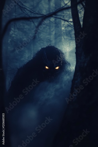 Creepy monster lurking in foggy forest at night