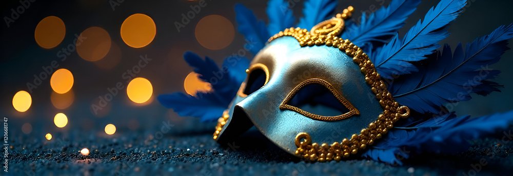 This blue and gold masquerade mask is adorned with colorful feathers, ideal for festive occasions or celebrations