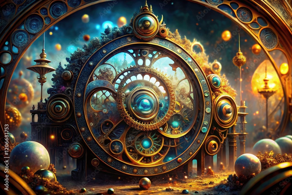Fototapeta premium Futuristic clockwork portal bursts from a steampunk time machine, a surreal double exposure AI art.