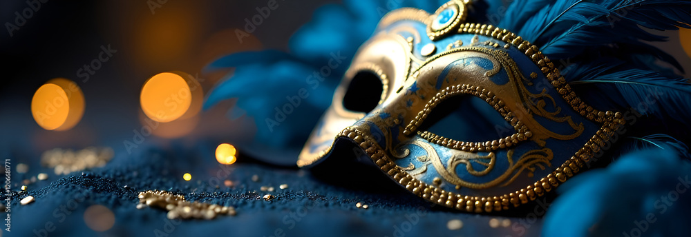 This blue and gold masquerade mask is adorned with colorful feathers, ideal for festive occasions or celebrations