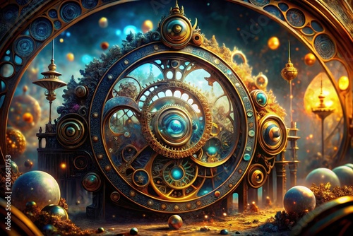 Wallpaper Mural Futuristic clockwork portal bursts from a steampunk time machine, a surreal double exposure AI art. Torontodigital.ca