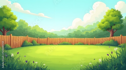 Sunny Backyard Lawn Scene with Wooden Fence