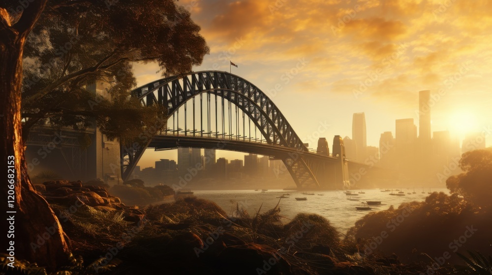 Naklejka premium A dramatic view of the Sydney Harbour Bridge from below, its towering structure glowing in the golden hues of sunrise, 