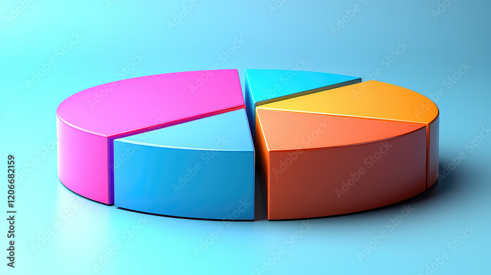 Obraz premium 3D colorful pie chart showing data segments, sections separated, pastel tones on blue background.