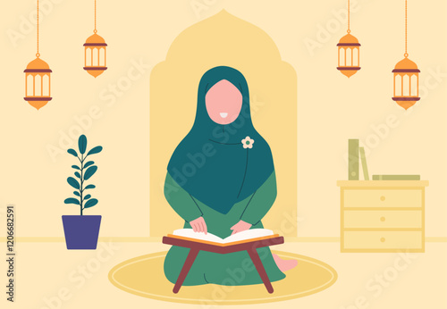 Muslimah reading Quran on Ramadan vector design illustration