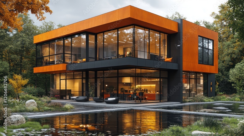 Obraz premium Modern architectural house with orange accents surrounded by trees and a reflective pond at dusk