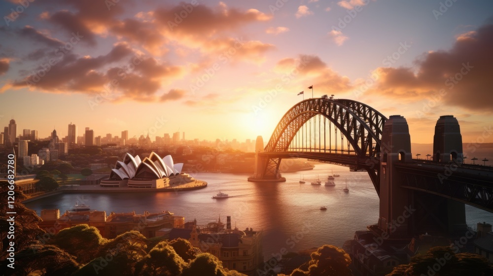 Obraz premium A high-angle perspective of the Sydney Harbour Bridge at sunrise, with the sunlight glinting off the bridgeâ€™s steel beams and the iconic Opera House visible amidst the cityscape in the background