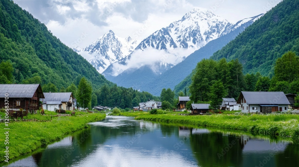 Fototapeta premium Alpine Village by the River