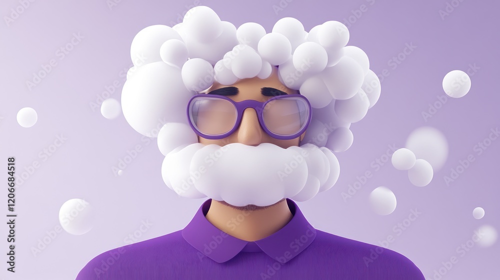 Cloud-haired man meditating, purple background, 3D render, website banner Cloud-haired man meditating, purple background, 3D render, website banner