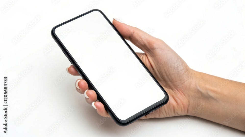 A hand holding a modern smartphone with a blank screen against a white background. A hand holding a modern smartphone with a blank screen against a white background.