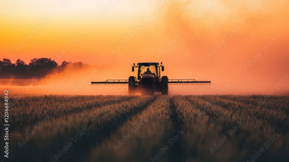 Fototapeta premium Farm tractor spraying crops during sunset agricultural field landscape photography calm environment side view nature impact
