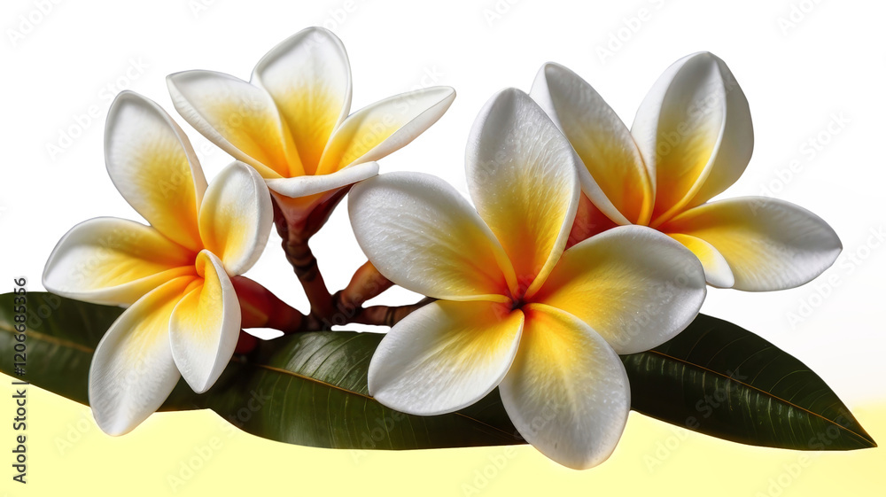 Naklejka premium Four white frangipani flowers on leaf