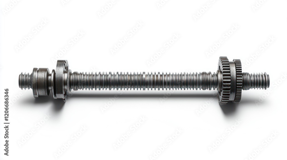A metallic threaded rod with gears, used in machinery or mechanical applications. A metallic threaded rod with gears, used in machinery or mechanical applications.