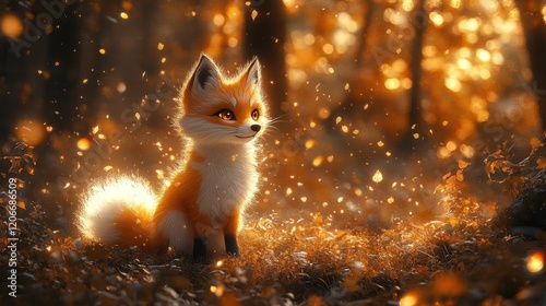 A cute, mythical Kitsune with nine fluffy tails, bright eyes, and a friendly smile, surrounded by magical foxfire wisps, in a serene forest scene photo