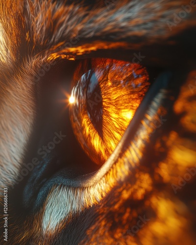 Fiery Owl Eye Close-up, Forest Background, Digital Art photo