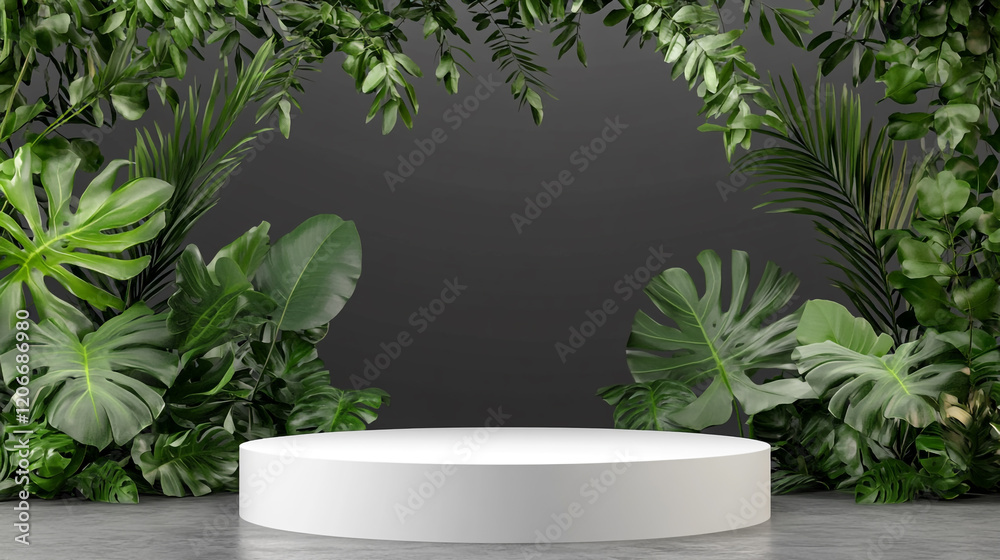 Tropical greenery backdrop with circular platform in modern studio setting Tropical greenery backdrop with circular platform in modern studio setting