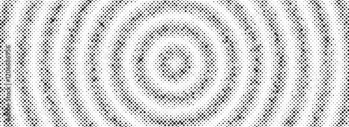 Black radial halftone circle background. Dotted sound wave ring wallpaper. Stipple epicenter, target, radar concept. Ripple concentric signal vibration element. Vector round dashed and dotted gradient