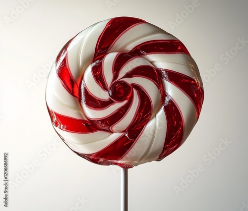 Red and white swirl lollipop on stick. (6) photo