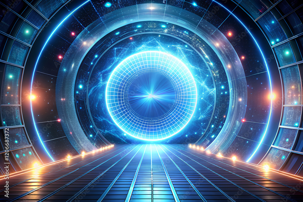 Fototapeta premium Futuristic digital with glowing circular grid in space