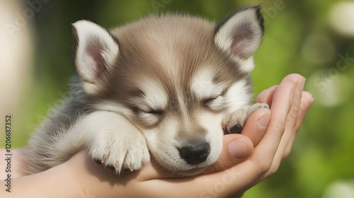 Adorable Husky puppy sleeping peacefully in human hands outdoors, green blurred background. Perfect for pet adoption websites or greeting cards photo