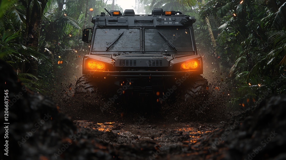 A rugged military vehicle drives through a dense, muddy forest, illuminated by its glowing orange lights in a misty atmosphere. A rugged military vehicle drives through a dense, muddy forest, illuminated by its glowing orange lights in a misty atmosphere.