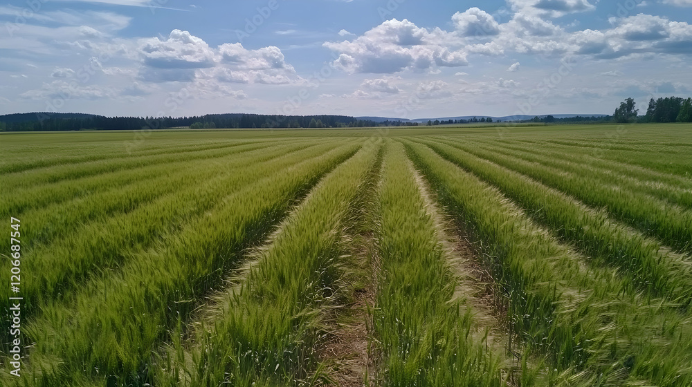 Aerial view of a vast green barley field under a bright summer sky, with distant forest. Use Agriculture, farming, landscape Aerial view of a vast green barley field under a bright summer sky, with distant forest. Use Agriculture, farming, landscape